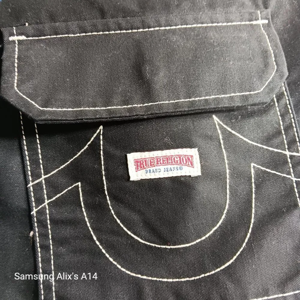 True Religion Cargo Pants Jet‎ Black White Stitch 108335R Mens Size 36